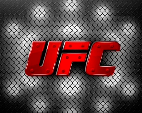 Логотип UFC красного цвета на фоне металлической сетки